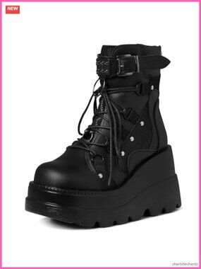 Goth Platform Boots for Women Chunky Wedge Heel Lace Up Vegan PU Leather Ankle